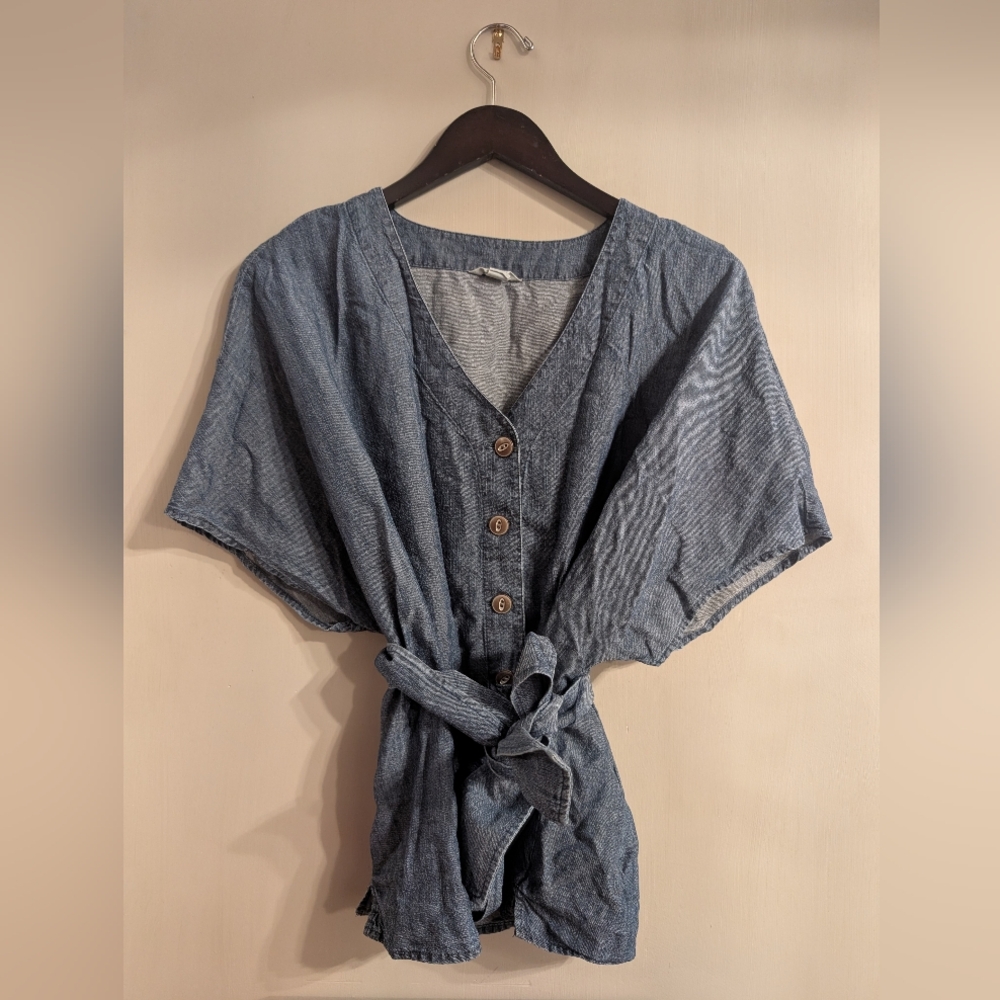 Caslon Denim Button-Down Tie-Front Blouse
